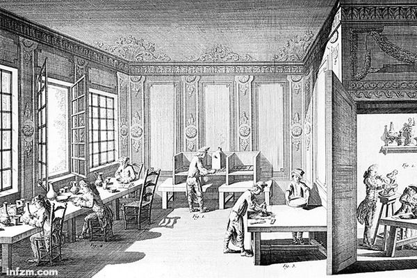 法国传教士殷弘绪“潜伏”景德镇七年，探得了瓷器制造的秘密，并在1712年写成报告寄回了欧洲，从此瓷器的制作就没什么秘密可言了。图为法国的瓷器厂。 （南方周末资料图/图）